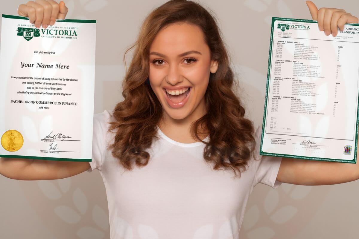 Young woman displaying a diploma and transcript together as part of a bundle set