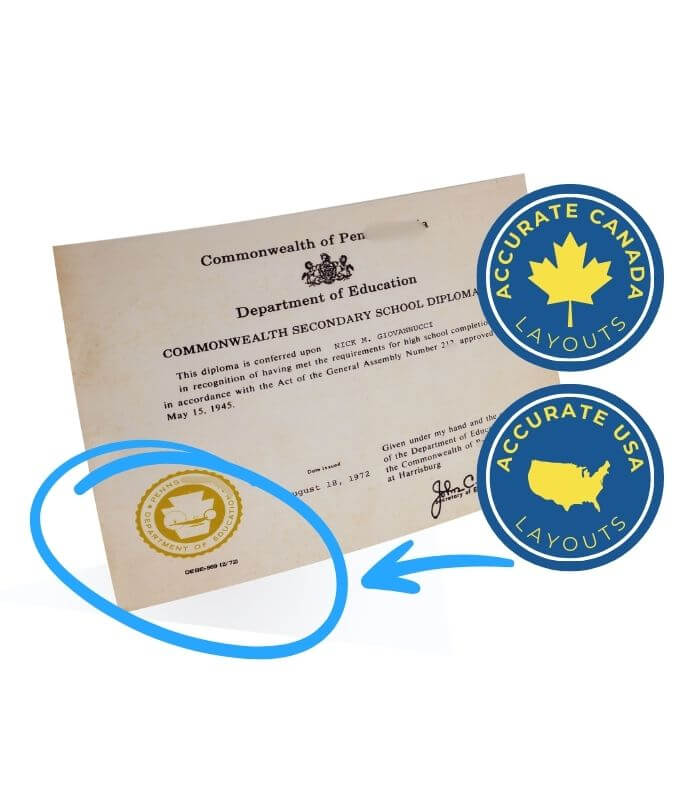 Replica GED diploma on parchment with raised seal detail